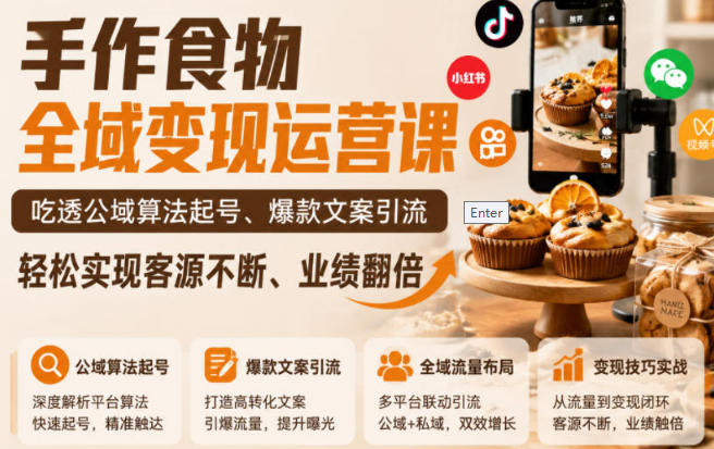 手作食物全域变现运营课，吃透公域算法起号